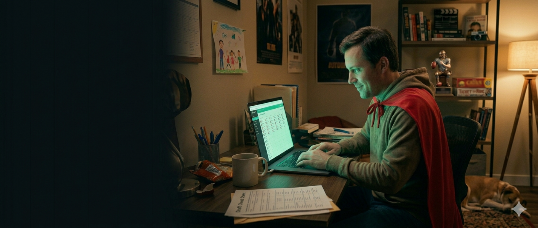 Person in superhero costume drafting a custom fantasy themed football league on a laptop in a dimly lit room with a dog, books, and movie posters in the background.